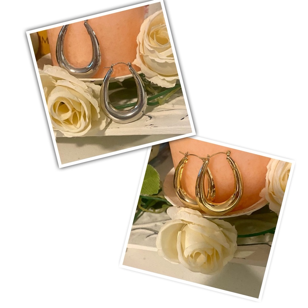 Puffy Goltoned or Silvertoned Teardrop Hoop Earrings